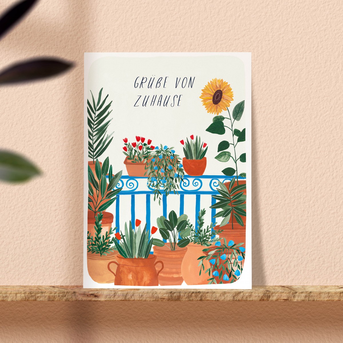 Paperlandscape | Faltkarte "Grüße von Zuhause" | botanisch | Pflanzen | Aquarell Balkon | Urlaub | Reisen auf Balkonien | Sonnenblume