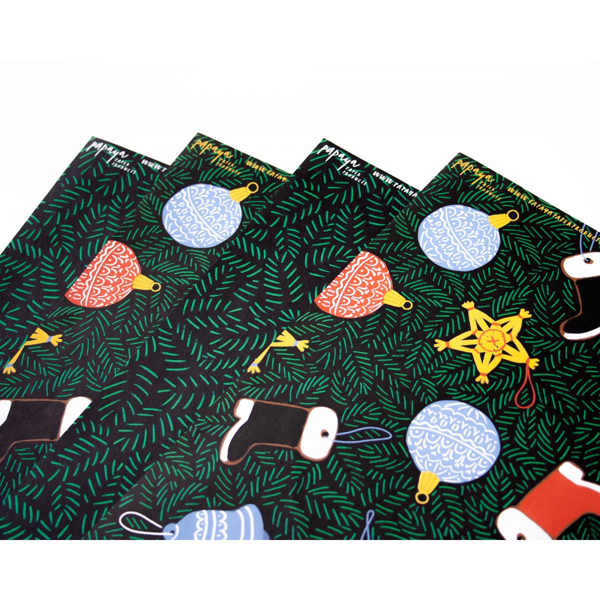 4er Set Geschenkpapier Tannengrün & Christbaumschmuck // Papaya paper products