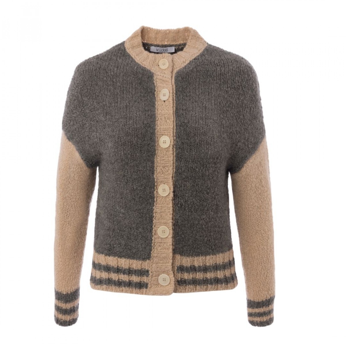 Boucle Strickcardigan VICKY mit Collegestreifen grau