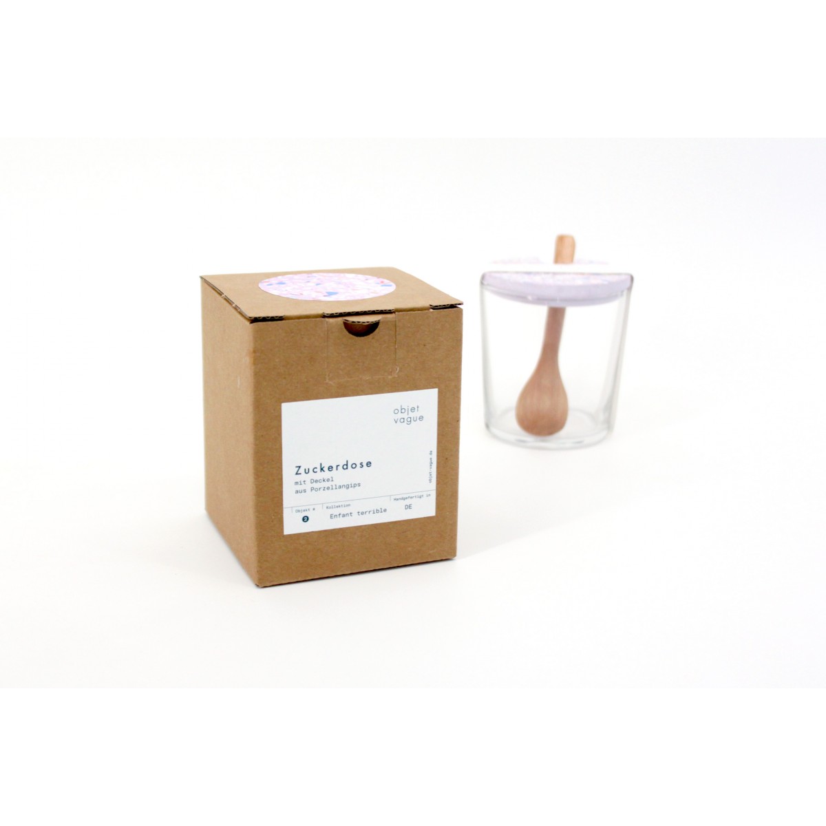 Terrazzo Zuckerdose mit Holzlöffel / Flieder / objet vague