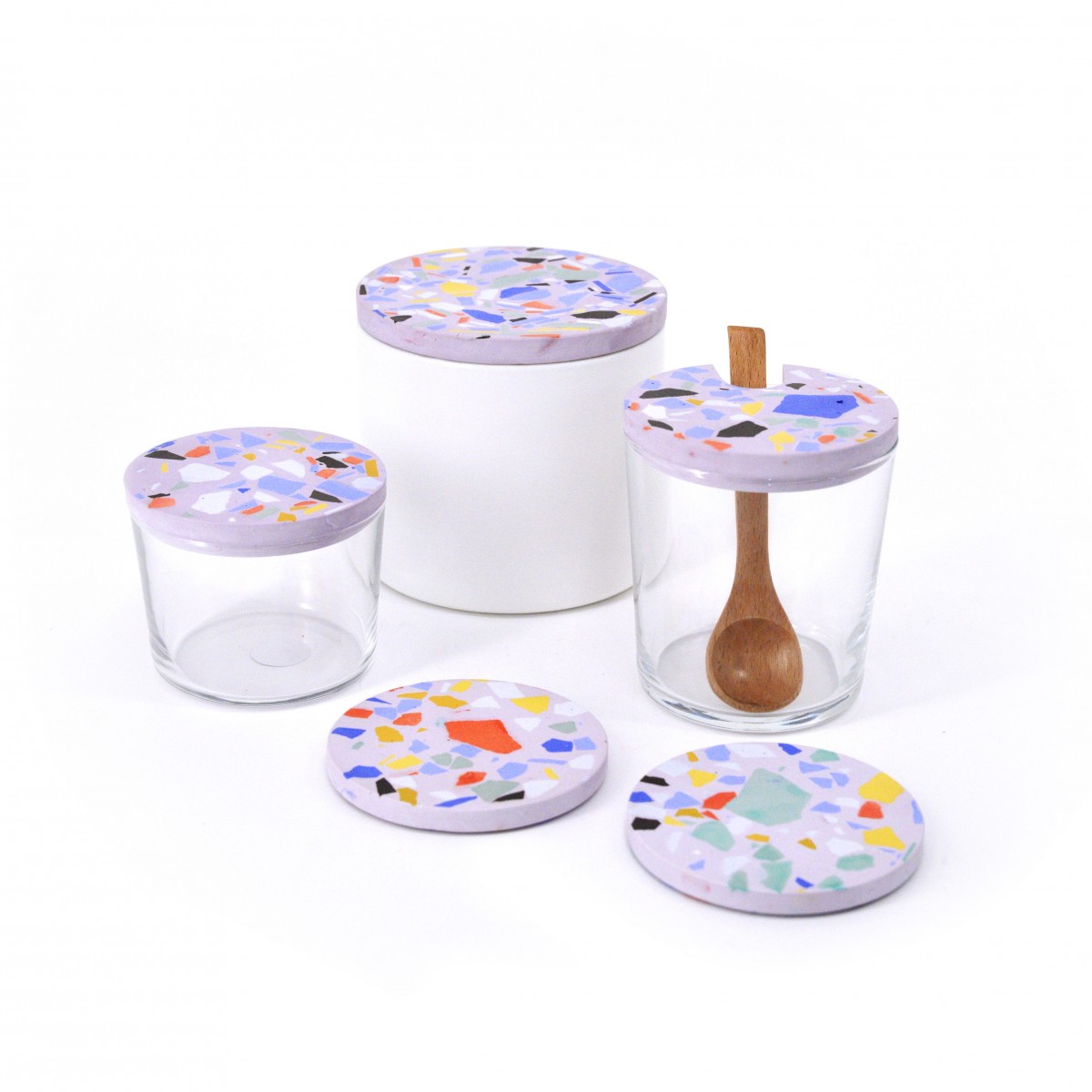 Terrazzo Zuckerdose mit Holzlöffel / BOLD lila / objet vague