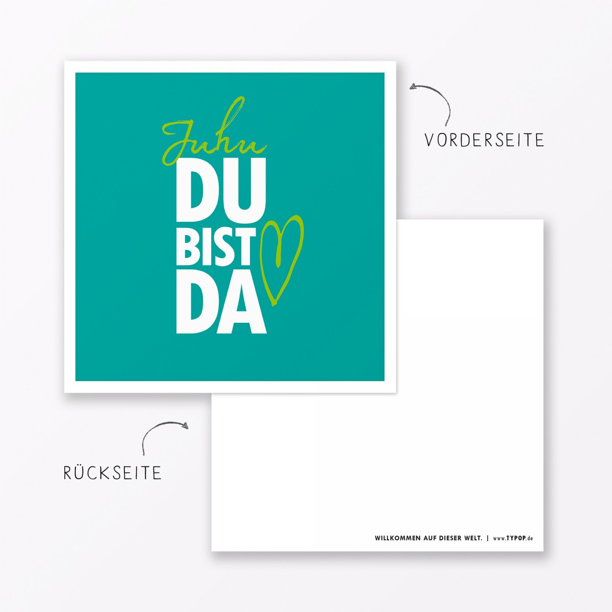 TYPOP 2-teiliges Set Babykarte "Juhu Du bist da" in Türkis + Pink quadratisch inkl. Umschläge