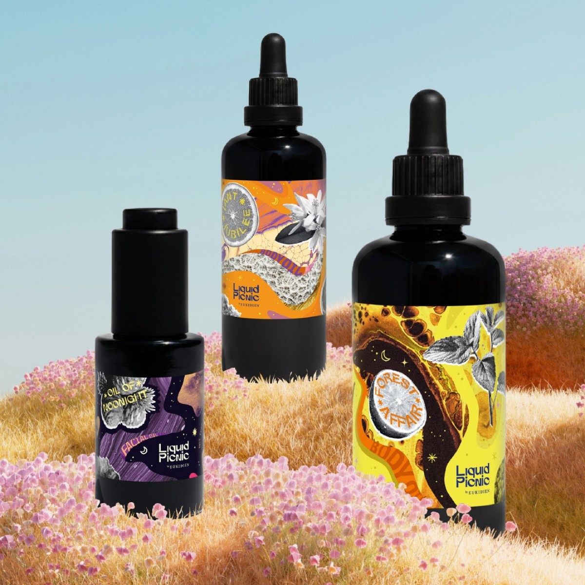 EUKIDIEN · THE LIQUID PICNIC CIRCLE OF CARE ·
"Three moods. One flow. Your skin, your senses, your story."