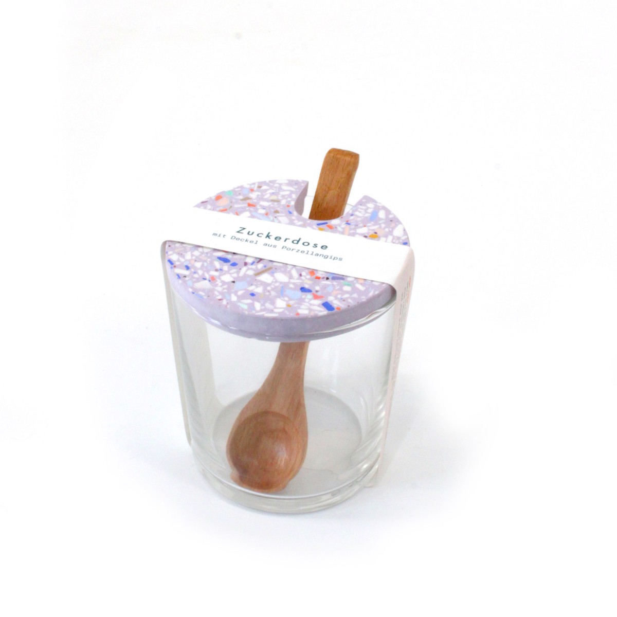 Terrazzo Zuckerdose mit Holzlöffel / Flieder / objet vague