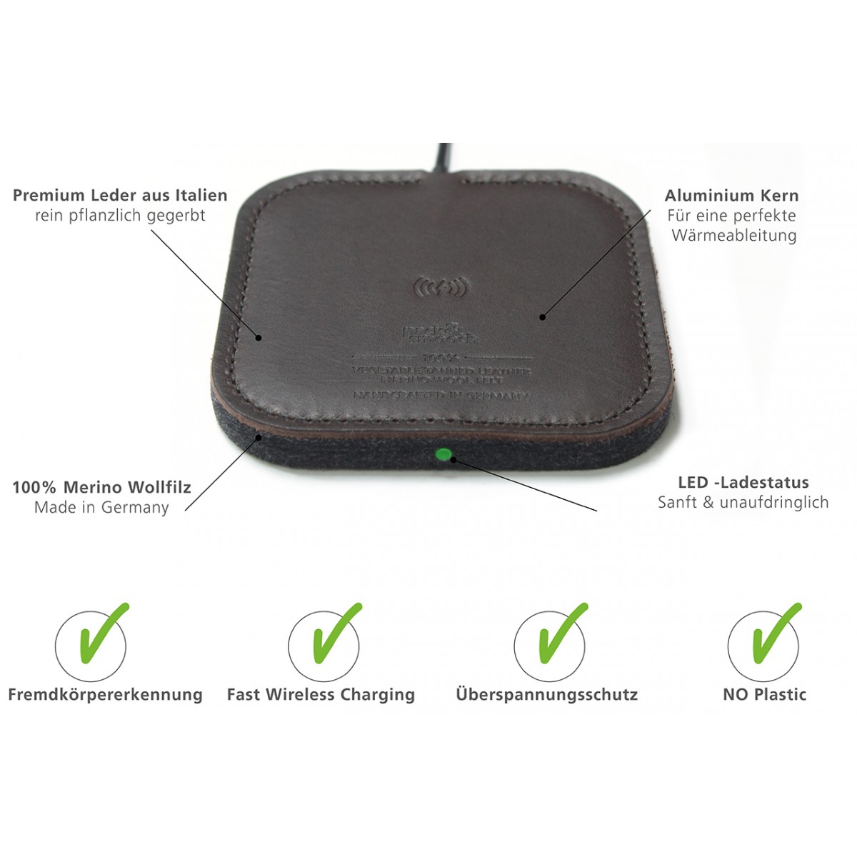 Pack & Smooch "Fast Wireless Charger" TAURUS 100% Merino Wollfilz, Naturleder