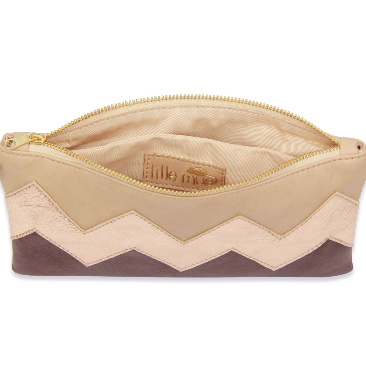 lille mus vegane Zick-Zack-Clutch ZILIA - Beige/Roségold/Bordeaux aus Kunstleder mit Umhängekette