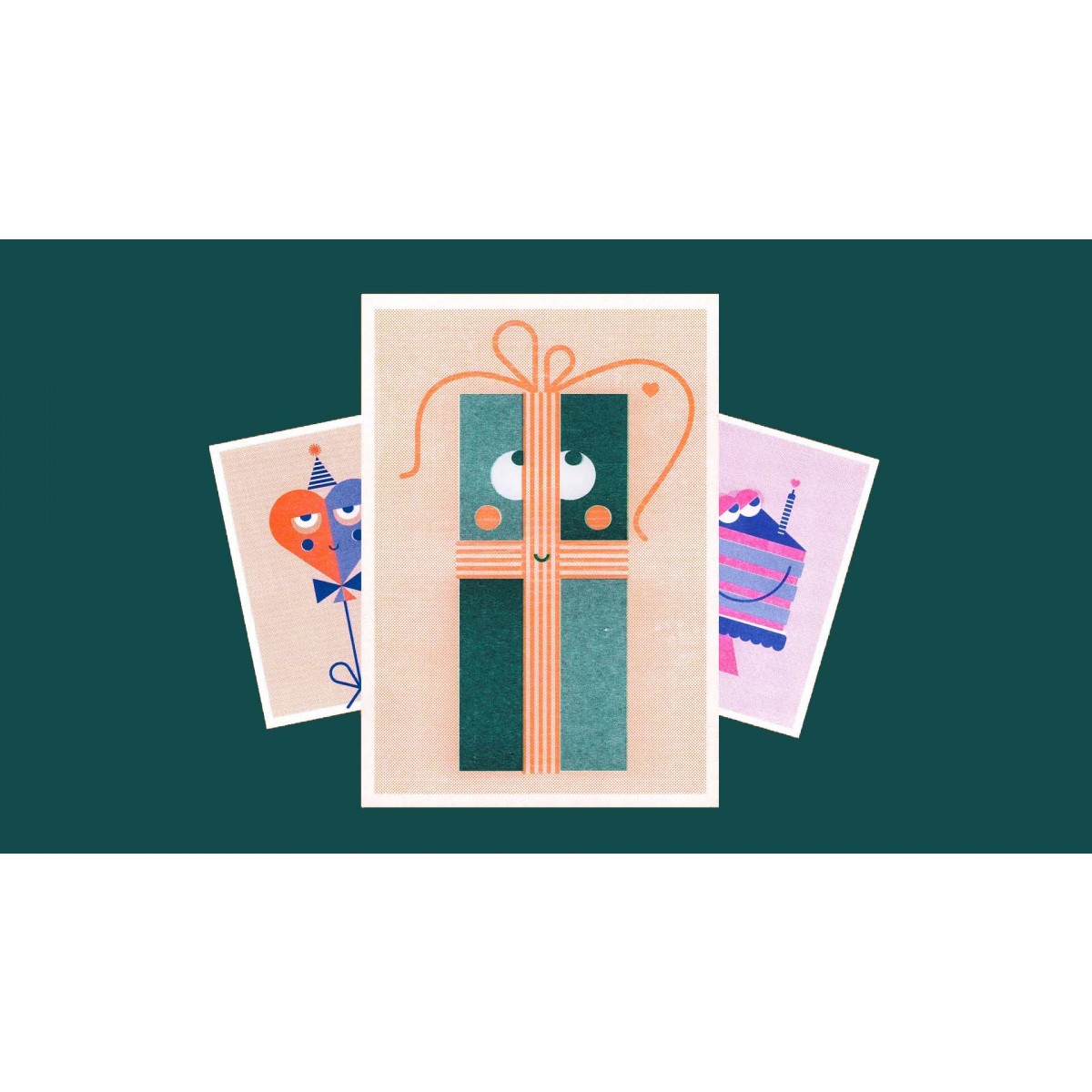 3 Geburtstagskarten Grußkarten / verschiedene Motive / Risographie / neon orange + pink + wald grün + blau