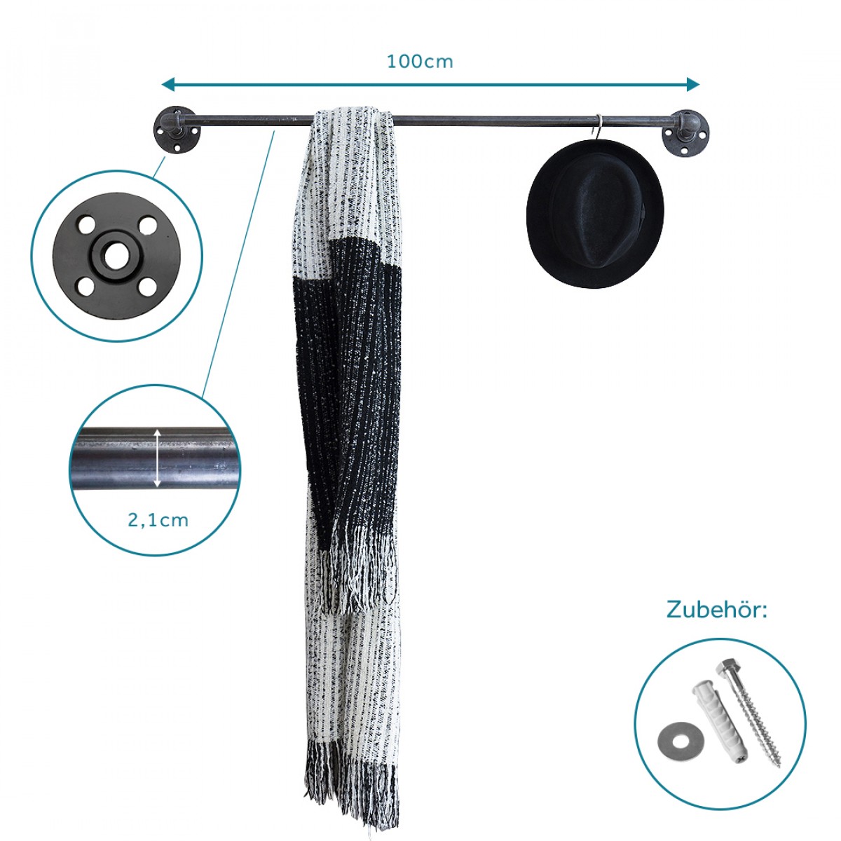 Industrial Style Kleiderstange · Wandgarderobe im Industriedesign SOLID LINE - Tiefe 12 cm