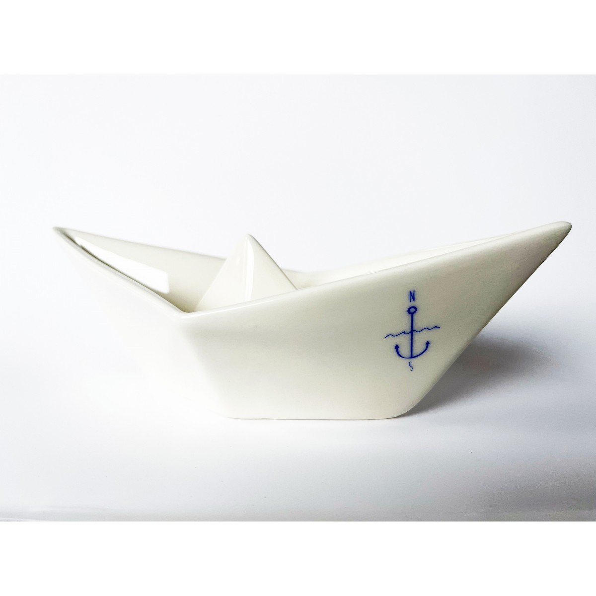 Porzellanschale im Papierschiffchenlook mit blauem maritimen Aufdruck Anker, Heimathafen, Lieblingsmensch, Danke