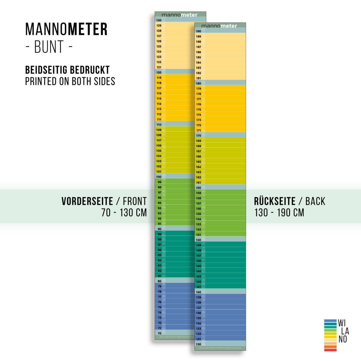 Minimalistische Design-Messlatte „mannometer“ | 70 bis 190 cm | Variante „bunt“ | beidseitig bedruckt | 100% Recyclingpapier | Wi-La-No