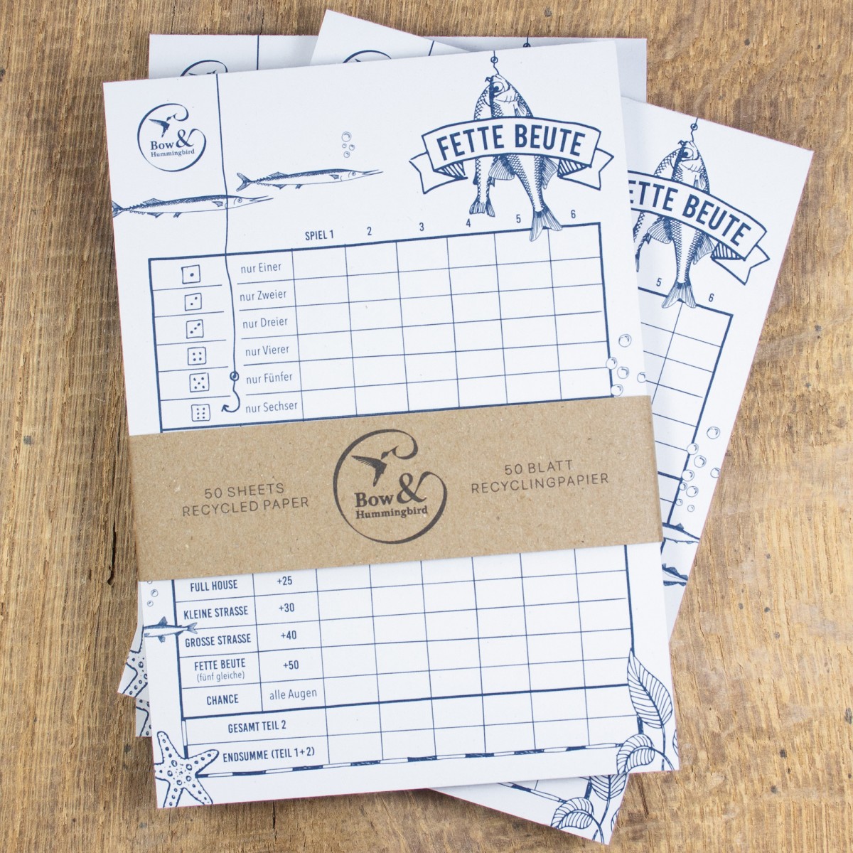 3er Set Spielblock "Fette Beute" Würfelspiel aus Recyclingpapier