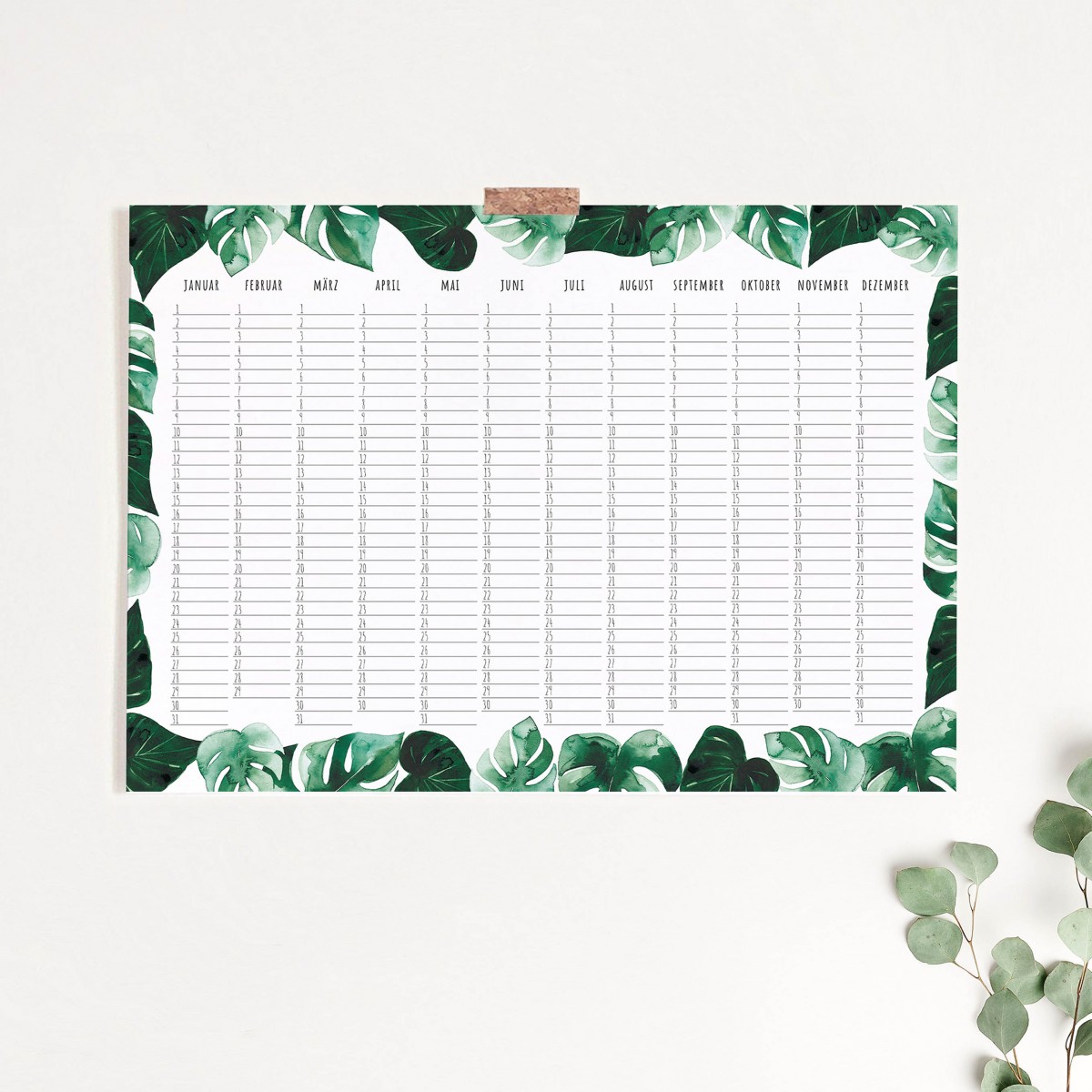 Paperlandscape | Zeitloser Wandkalender A3 "Geburtstagskalender Monstera" | Posterkalender | hochwertiger Aquarell Kalender | zeitlos und immerwährend