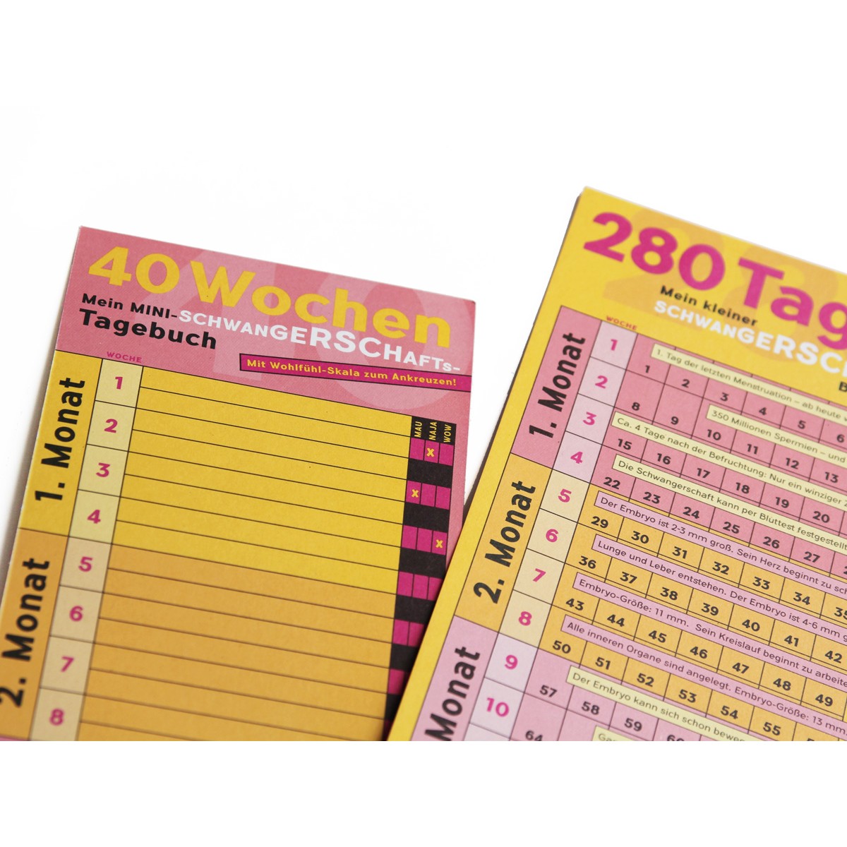 Schwangerschaftskalender mit Mini-Tagebuch | Variante „Pink-Orange-Rosa-Gelb“ | 280 Tage | beidseitig bedruckt