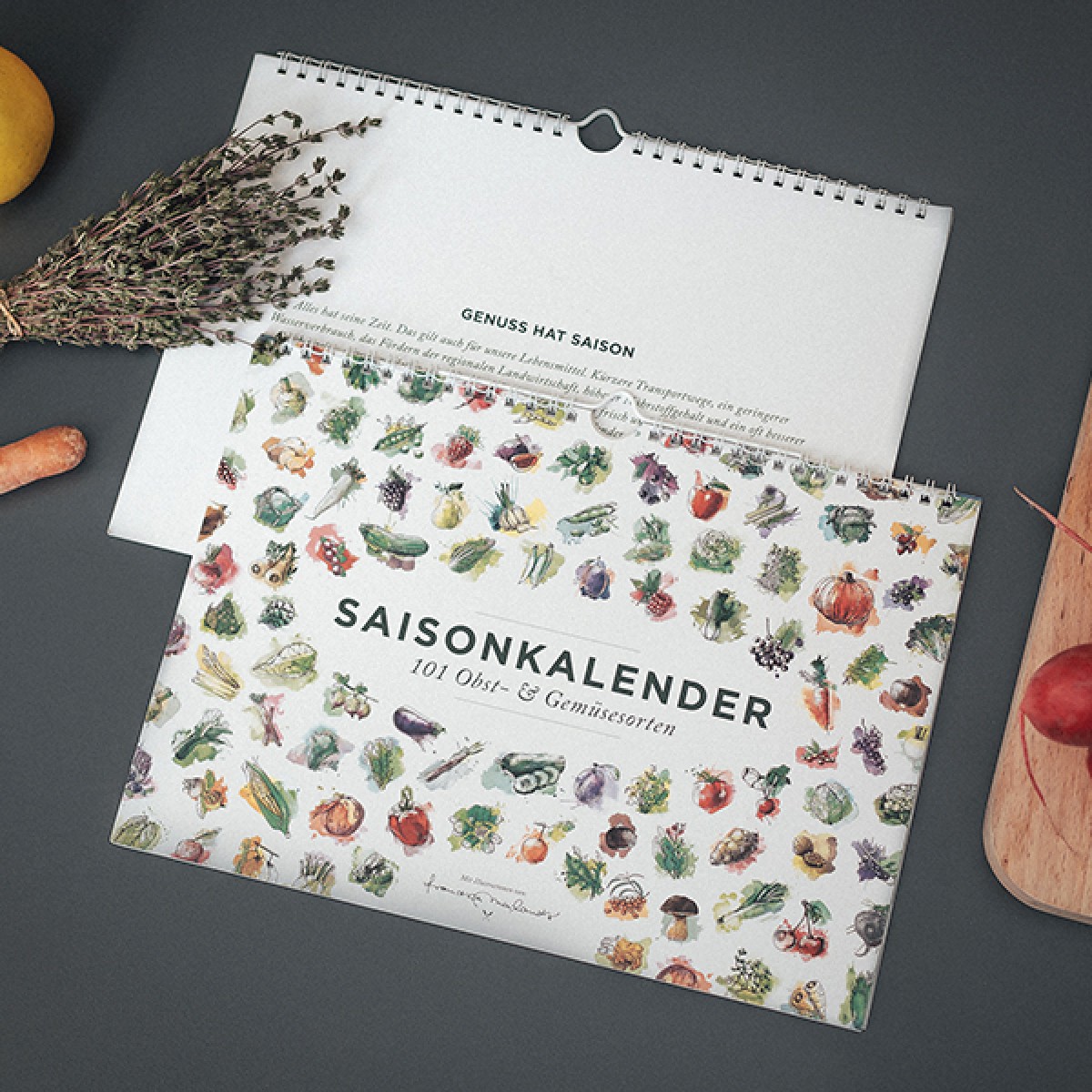 Saisonkalender für Obst & Gemüse, farbig, 101 Sorten, Ringkalender