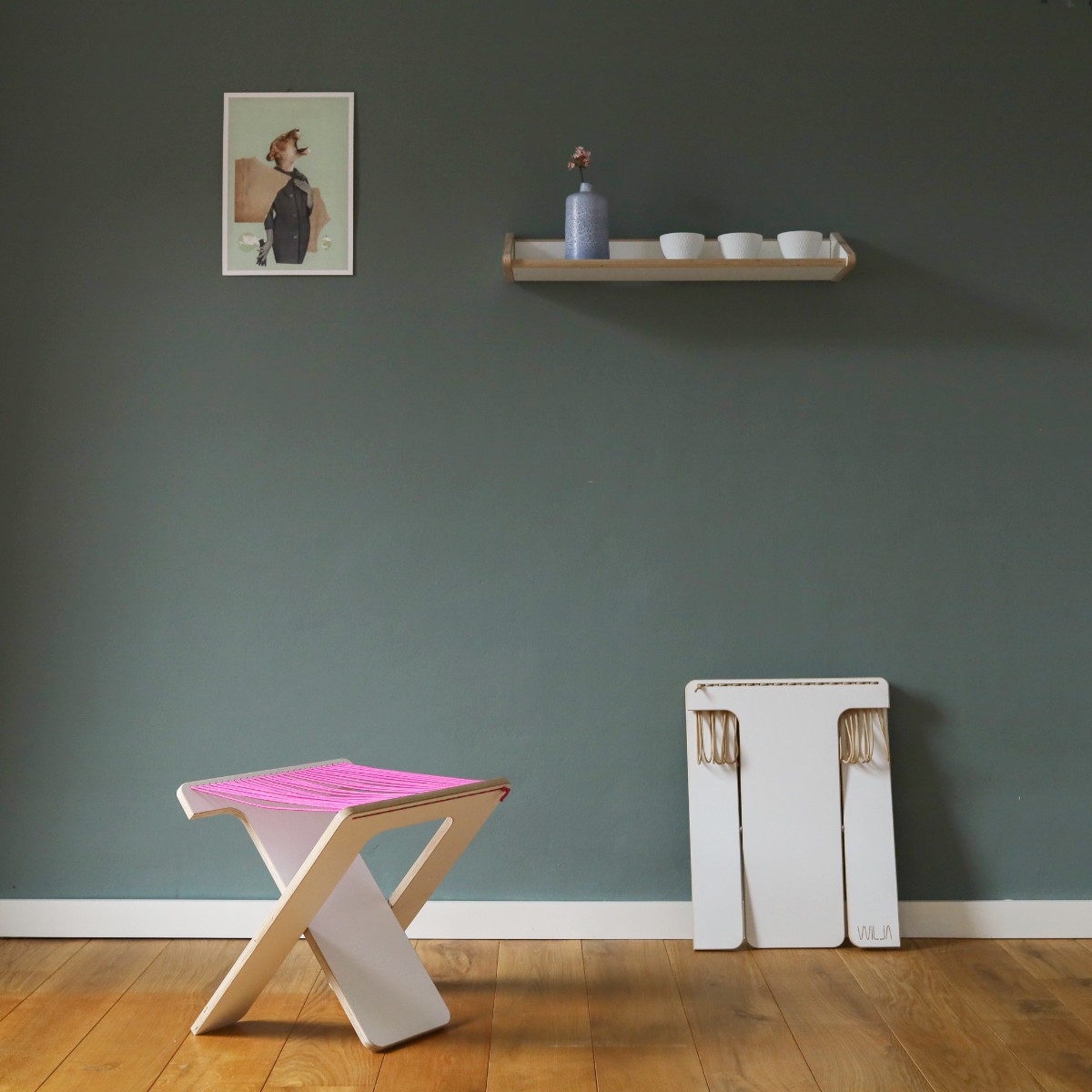 WILJA Klapphocker KARL faltbar aus Holz & Seil in pink
