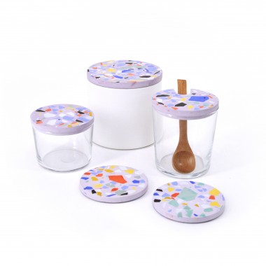 Terrazzo Zuckerdose mit Holzlöffel / BOLD lila / objet vague