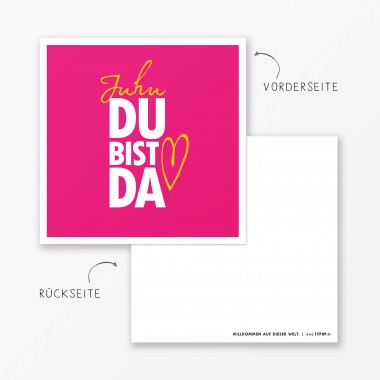 TYPOP 2-teiliges Set Babykarte "Juhu Du bist da" in Türkis + Pink quadratisch inkl. Umschläge