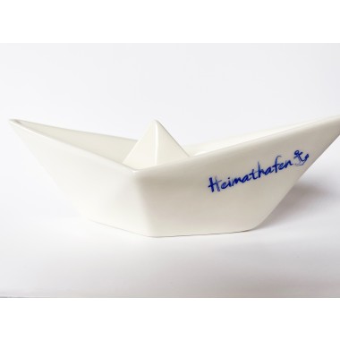 Porzellanschale im Papierschiffchenlook mit blauem maritimen Aufdruck Anker, Heimathafen, Lieblingsmensch, Danke