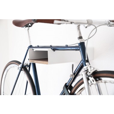 Design Fahrrad-Wandhalterung | PARAX® S-RACK | Weiß mit Walnuss Holz | für Rennrad Hardtail & Cityrad