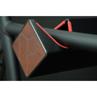 Stilvolle Design Fahrrad Wandhalterung | PARAX® D-RACK | für Rennrad, Hardtail, Cityrad & Tourenrad | Schwarz-Rot mit Kebony Holz
