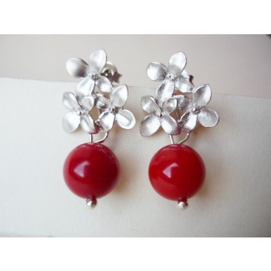 na.hili OHRSTECKER Kirschblüten *Weißgold* rote Koralle Stecker 925 Silber