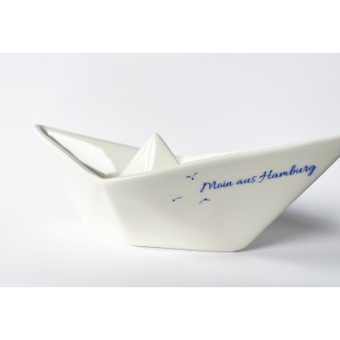Porzellanschale im Papierschiffchenlook mit blauem maritimen Aufdruck Anker, Heimathafen, Lieblingsmensch, Danke