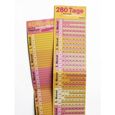 Schwangerschaftskalender mit Mini-Tagebuch | Variante „Pink-Orange-Rosa-Gelb“ | 280 Tage | beidseitig bedruckt