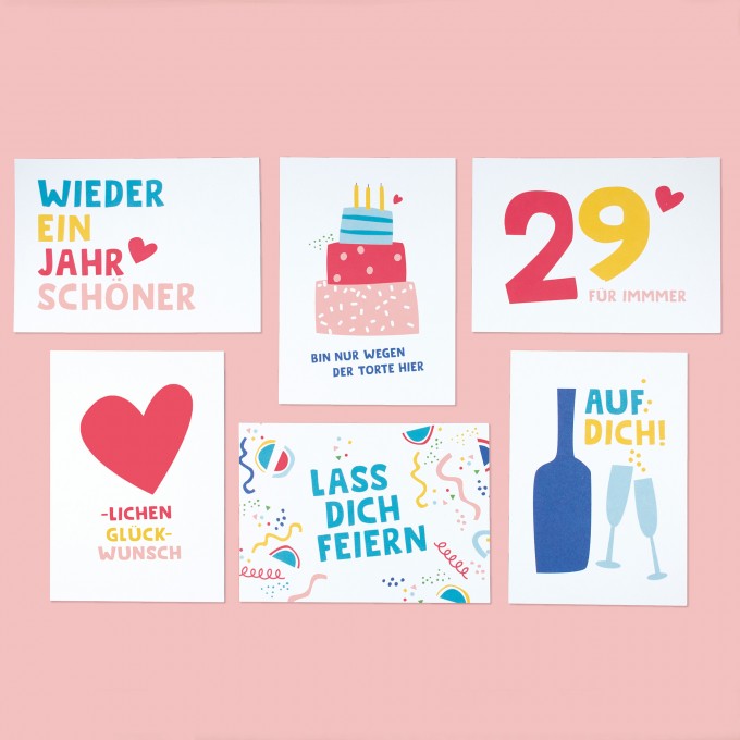 Bow & Hummingbird 6er Set Geburtstagskarten - 6 Postkarten zum Geburtstag aus Recyclingpapier
